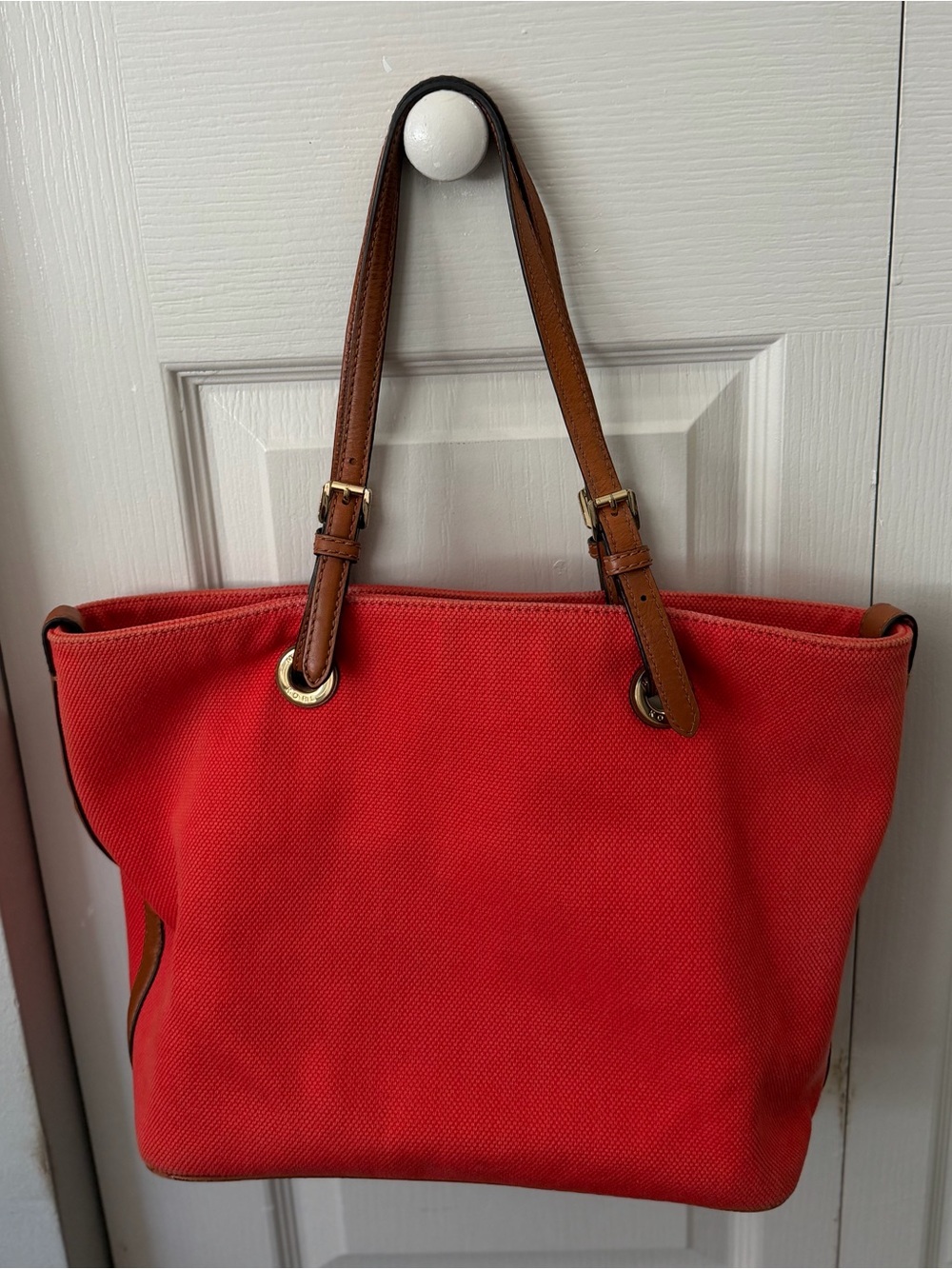 Michael Kors Red Canvas Tote with Brown Leather Straps